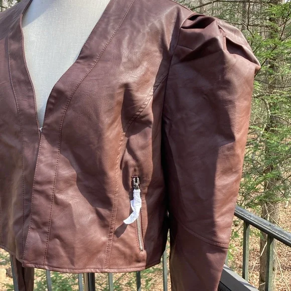 NWT Azalea Wang chocolate pleather puff sleeve jacket hook/eye closure sz. 2x - Picture 2 of 9
